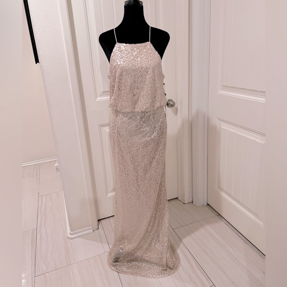 Adrianna Papell Nude Halter Blouson Beaded Mesh Long Gown Size 6 - Picture 3 of 7